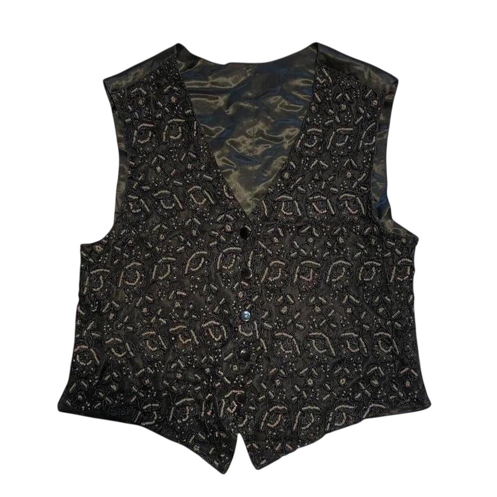 Vintage Hand Beaded Floral Vest Black Size S Ann Tjian for Kenar Petites